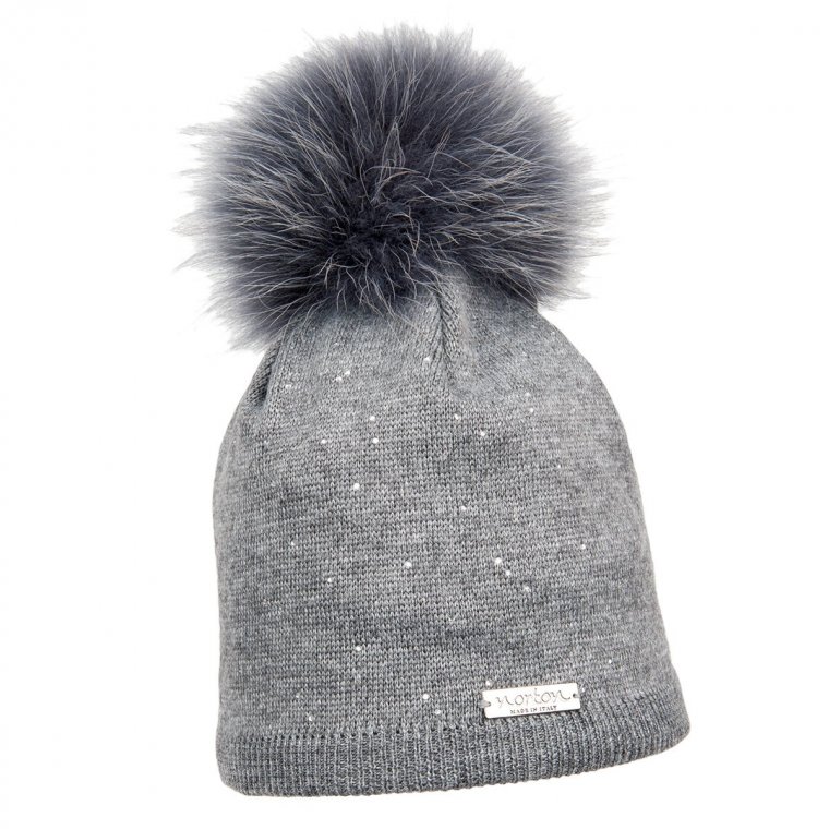 NORTON - cappello invernale con pompon di pelliccia e Bling Bling