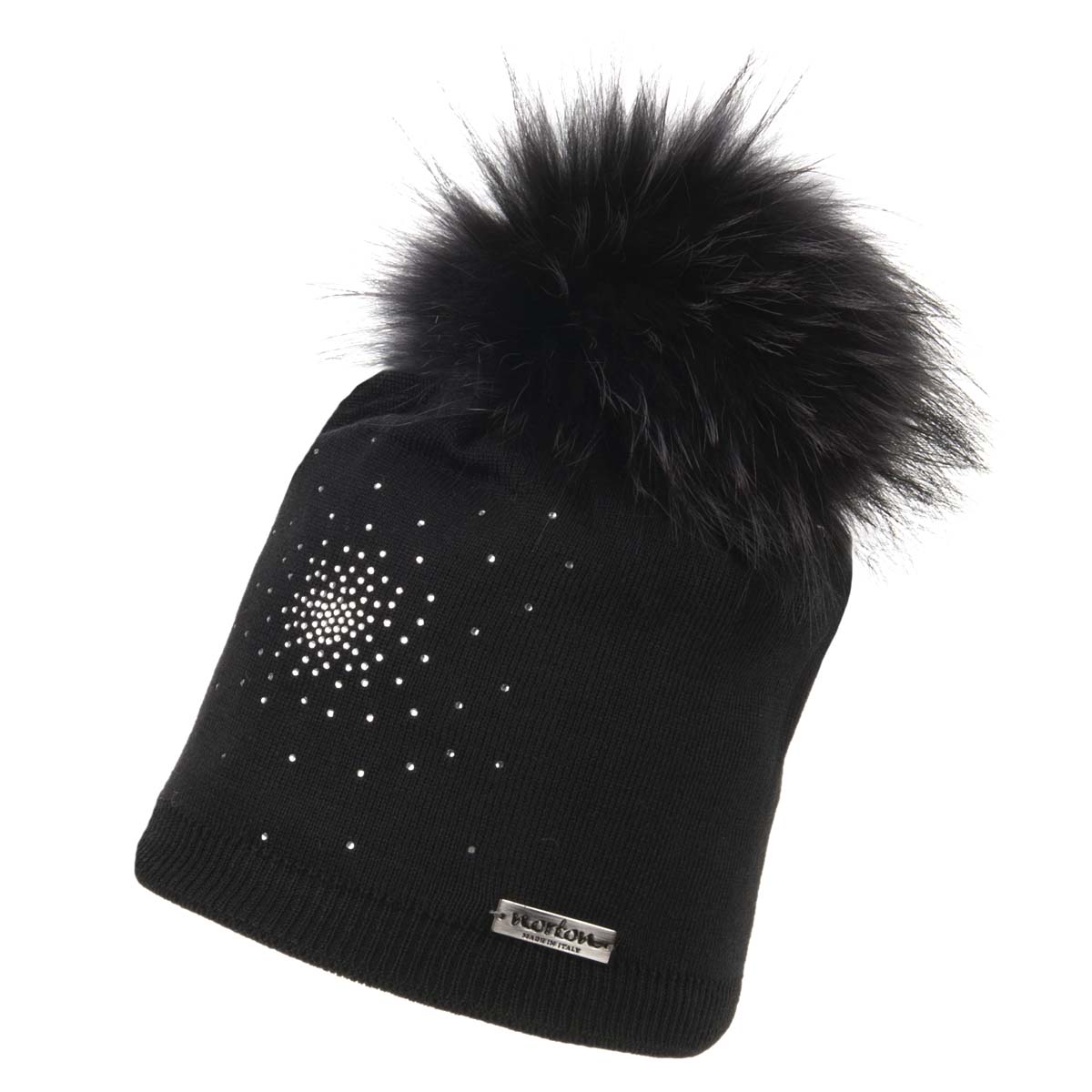 NORTON - cappello invernale con pompon di pelliccia e Bling Bling